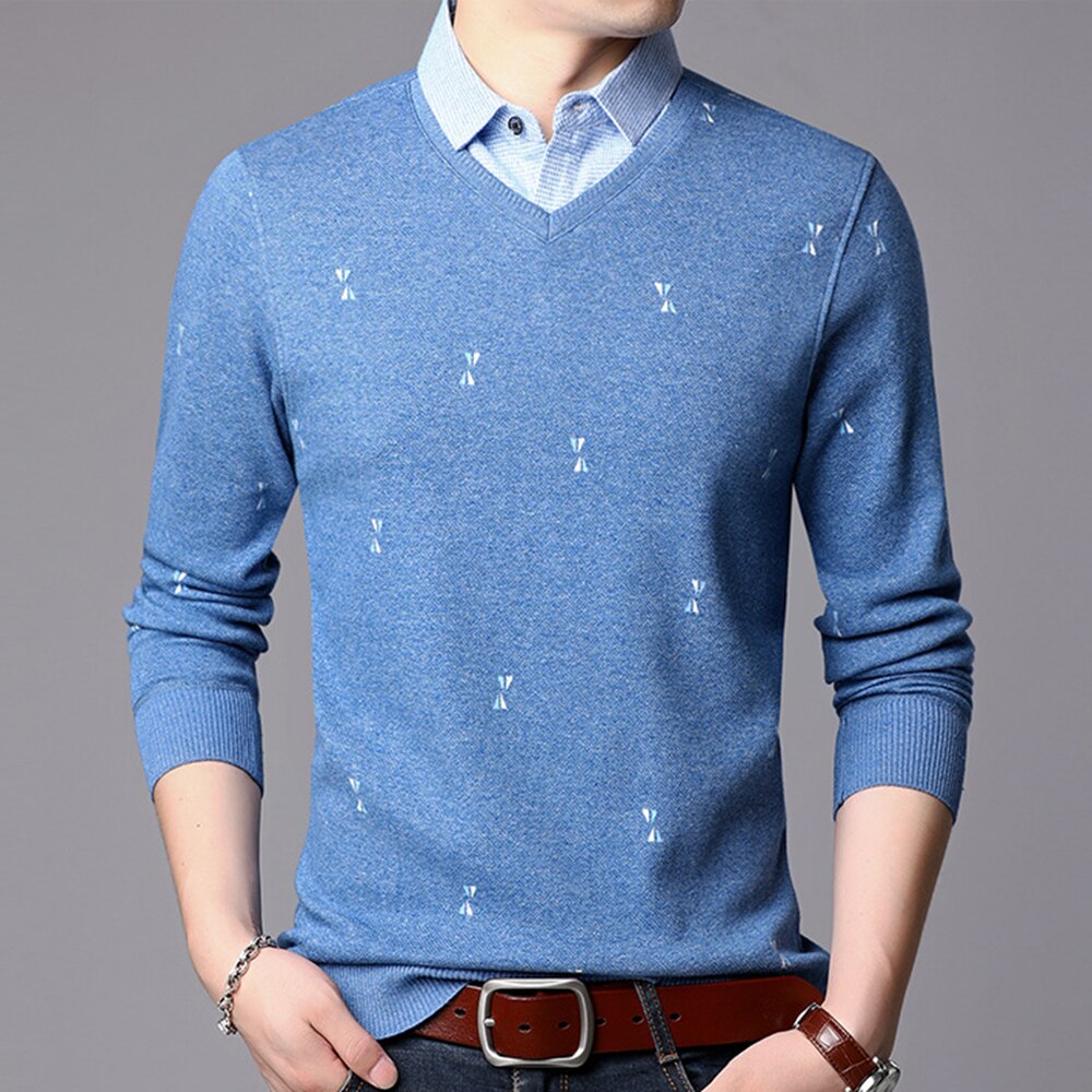 Men&s Sweaters Pullovers Shirt Collar Fake Two-piece Sweater Casual Warm Fleece Long Sleeve Male Knittwear Tops Jump